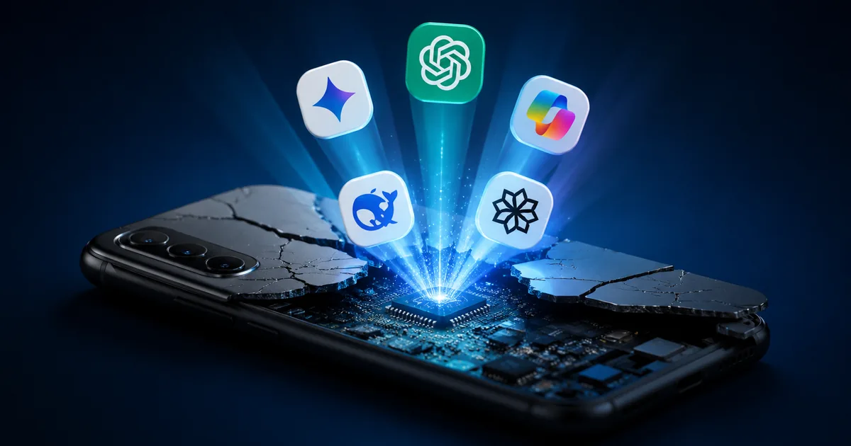 Cracked-open Android phone revealing glowing circuit board with AI assistant light beams on dark blue background