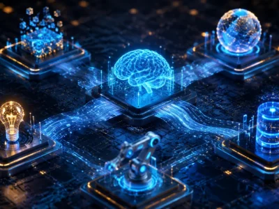 Editorial tech illustration of five glowing circuit board nodes connected by data streams