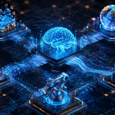 Editorial tech illustration of five glowing circuit board nodes connected by data streams