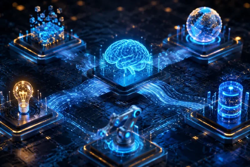 Editorial tech illustration of five glowing circuit board nodes connected by data streams