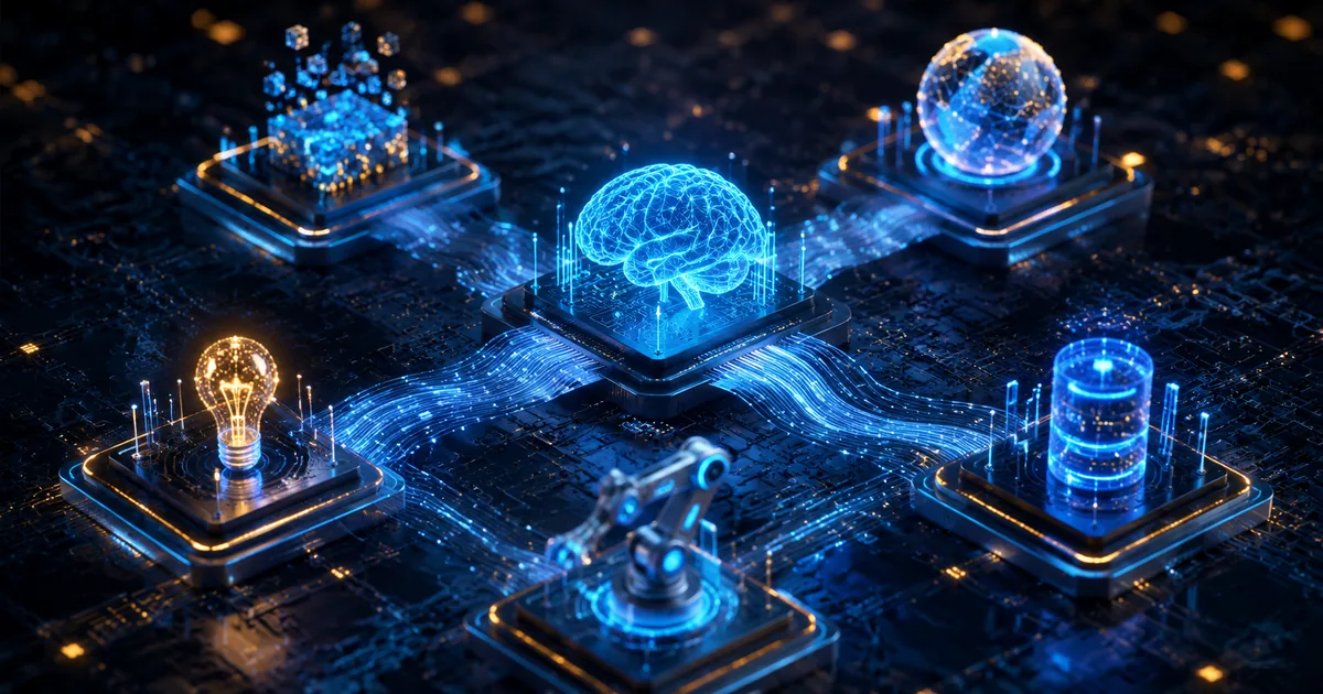 Editorial tech illustration of five glowing circuit board nodes connected by data streams