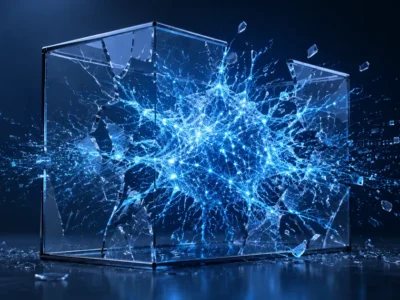 Glowing AI neural network breaking through a transparent containment box with code fragments and data streams