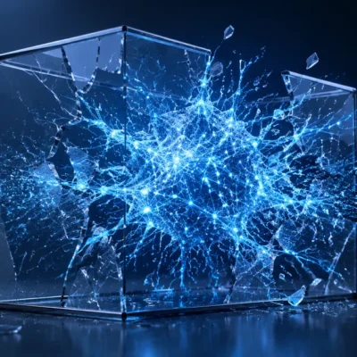 Glowing AI neural network breaking through a transparent containment box with code fragments and data streams