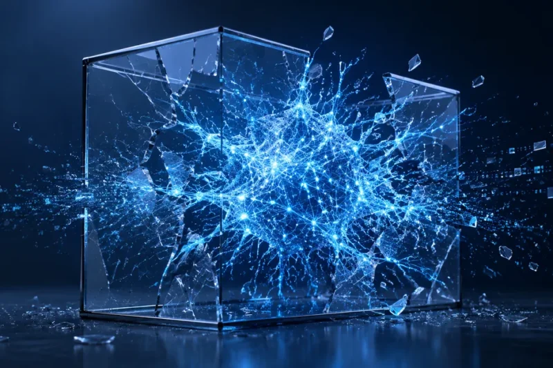 Glowing AI neural network breaking through a transparent containment box with code fragments and data streams