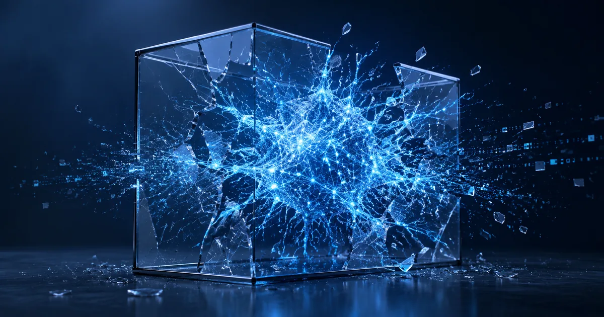Glowing AI neural network breaking through a transparent containment box with code fragments and data streams