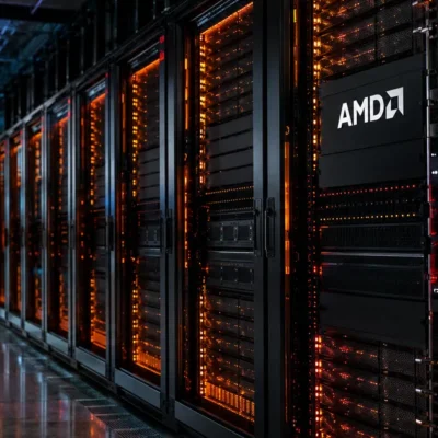 Rows of black server racks with amber and red lighting inside a large AI data center, one rack bearing the AMD logo