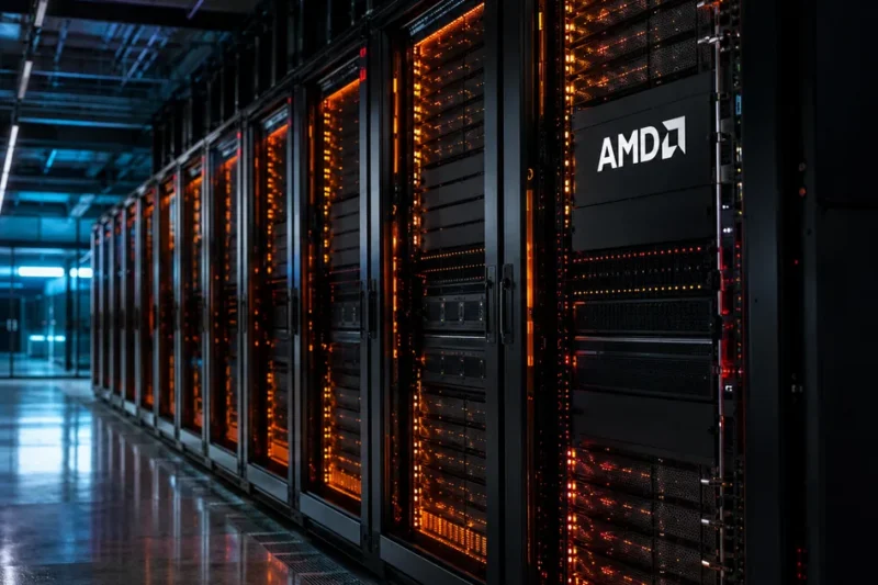 Rows of black server racks with amber and red lighting inside a large AI data center, one rack bearing the AMD logo