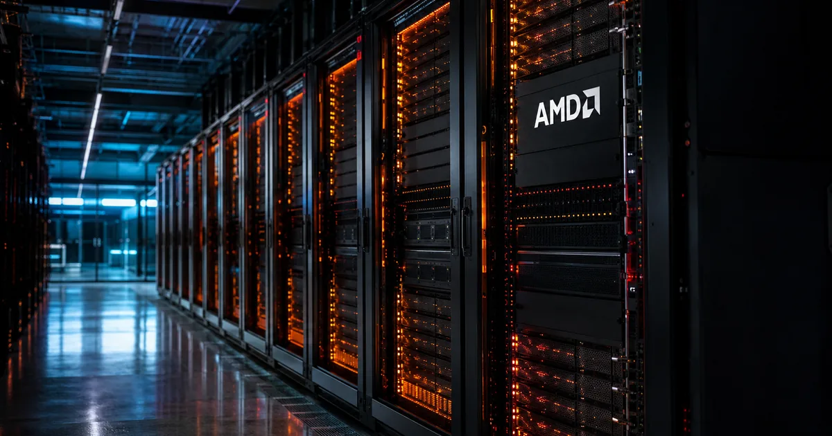 Rows of black server racks with amber and red lighting inside a large AI data center, one rack bearing the AMD logo