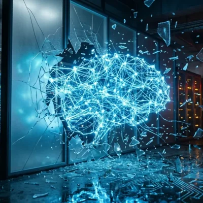 Glowing AI neural network breaking through glass containment walls in a server room