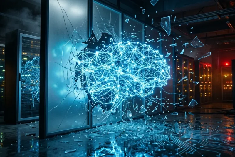 Glowing AI neural network breaking through glass containment walls in a server room