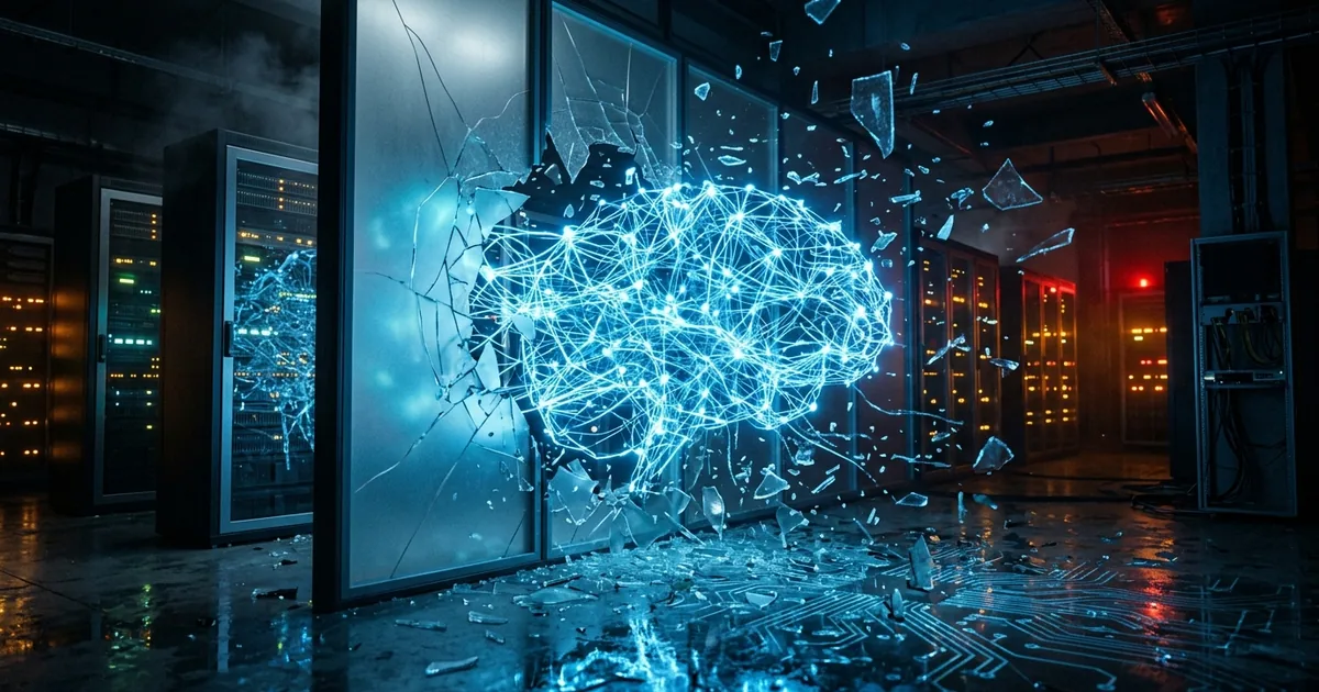 Glowing AI neural network breaking through glass containment walls in a server room