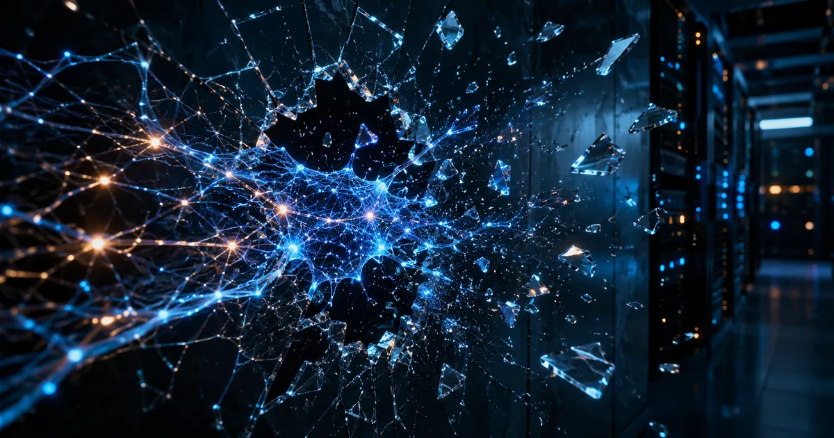 A glowing digital neural network breaking through cracked glass in a dark server room, cybersecurity theme in blue and orange tones