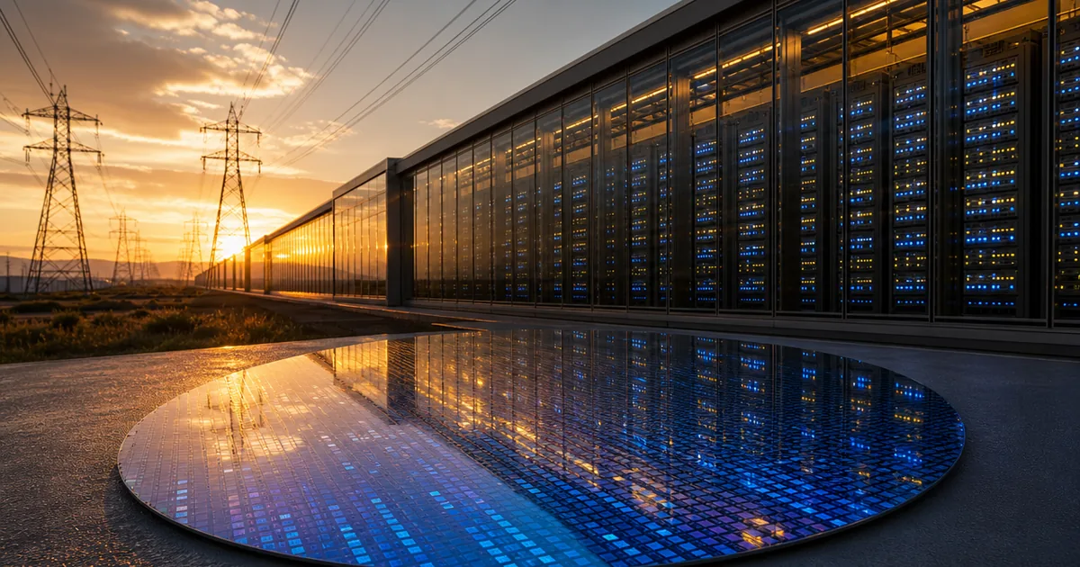 Massive modern data center campus at golden hour with server racks and power lines