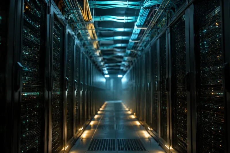 Two rows of dark server racks in a data center cold aisle with cyan and amber fiber optic cables in overhead trays