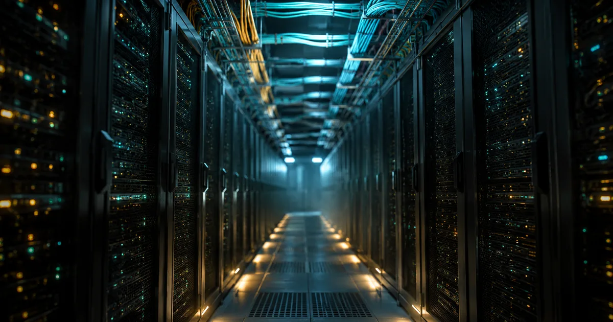 Two rows of dark server racks in a data center cold aisle with cyan and amber fiber optic cables in overhead trays
