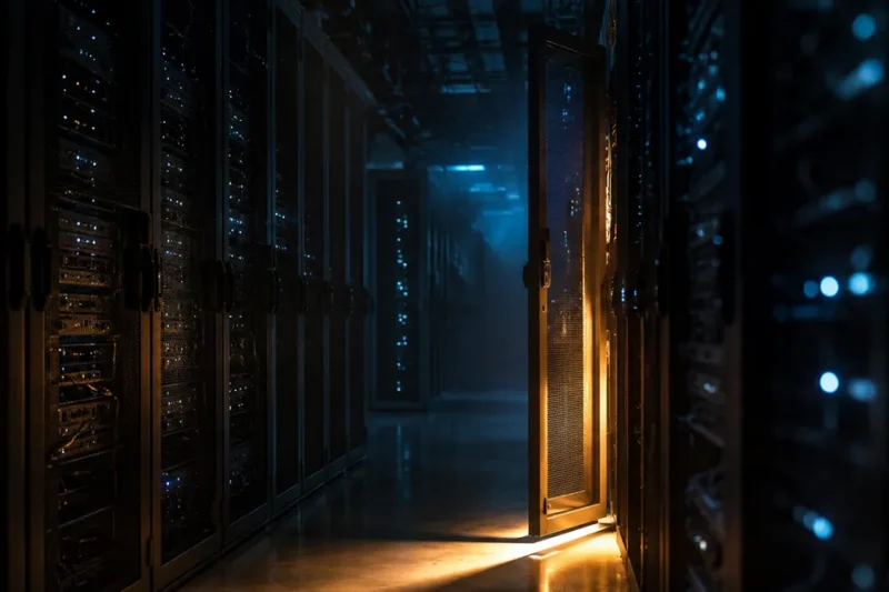 A dim data center aisle at night, rows of server racks lit by blue status lights, with one rack door open and spilling warm light onto the floor