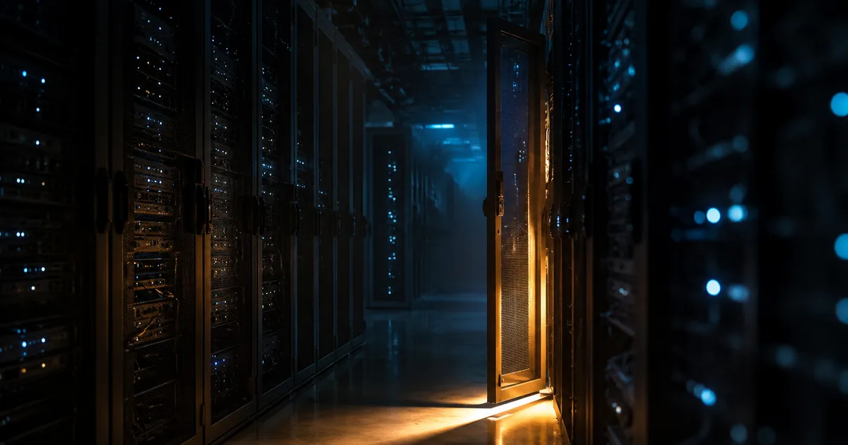 A dim data center aisle at night, rows of server racks lit by blue status lights, with one rack door open and spilling warm light onto the floor
