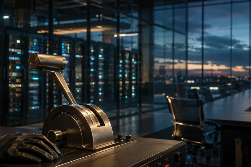 A brushed-steel industrial throttle lever set mid-travel on a black console, with illuminated server racks behind a glass wall and an empty boardroom table at blue hour