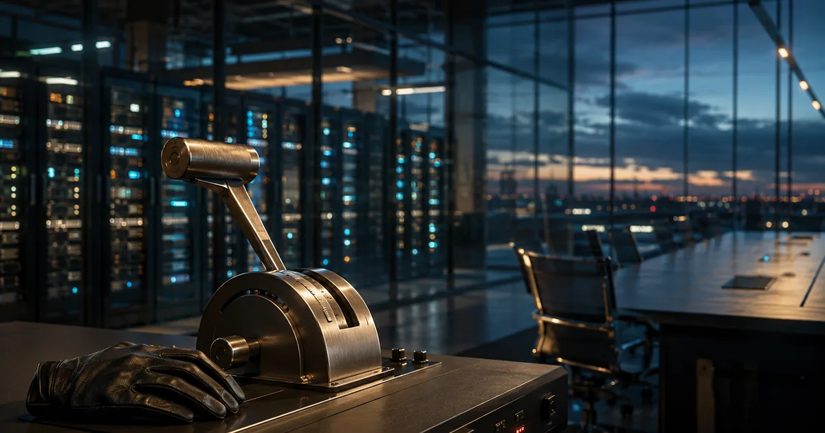 A brushed-steel industrial throttle lever set mid-travel on a black console, with illuminated server racks behind a glass wall and an empty boardroom table at blue hour