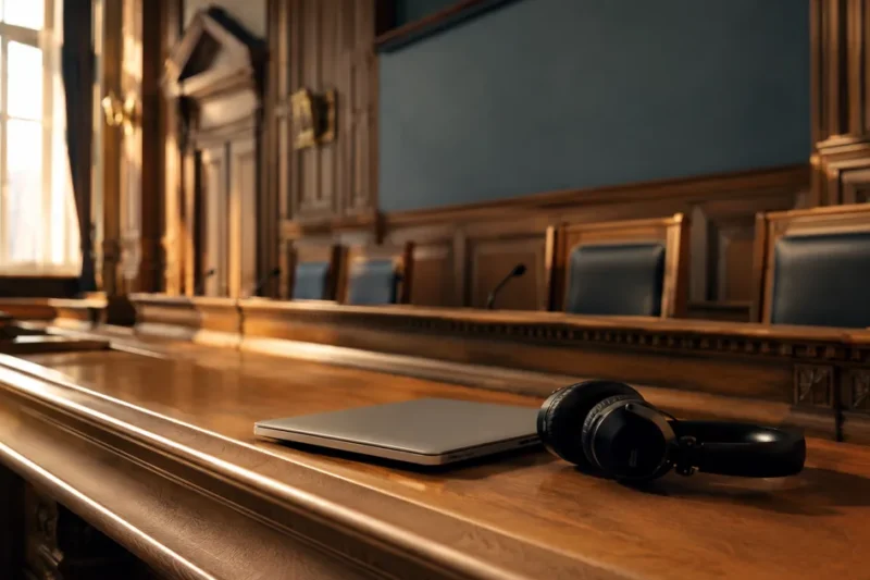 A laptop and studio headphones resting on the polished wooden bench of an empty European courtroom lit by window light