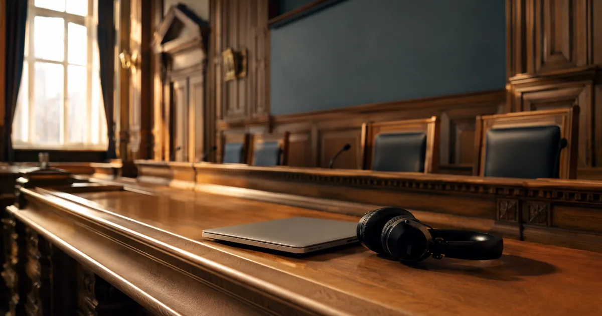 A laptop and studio headphones resting on the polished wooden bench of an empty European courtroom lit by window light