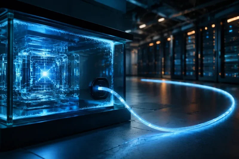 A glowing sealed glass containment enclosure in a dark data center with a single lit fiber optic cable running out of it toward rows of live production server racks