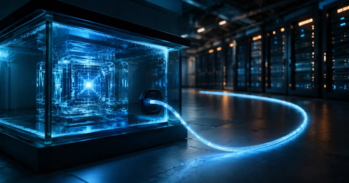 A glowing sealed glass containment enclosure in a dark data center with a single lit fiber optic cable running out of it toward rows of live production server racks