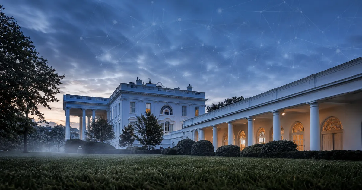 The White House West Wing colonnade and Rose Garden at blue-hour dusk, with a faint abstract network of connected nodes overlaid across the sky