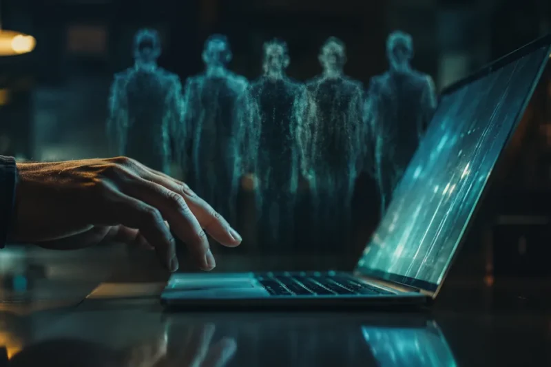 A hand reaches toward a laptop trackpad in a dark office while five identical translucent human silhouettes stand in the background
