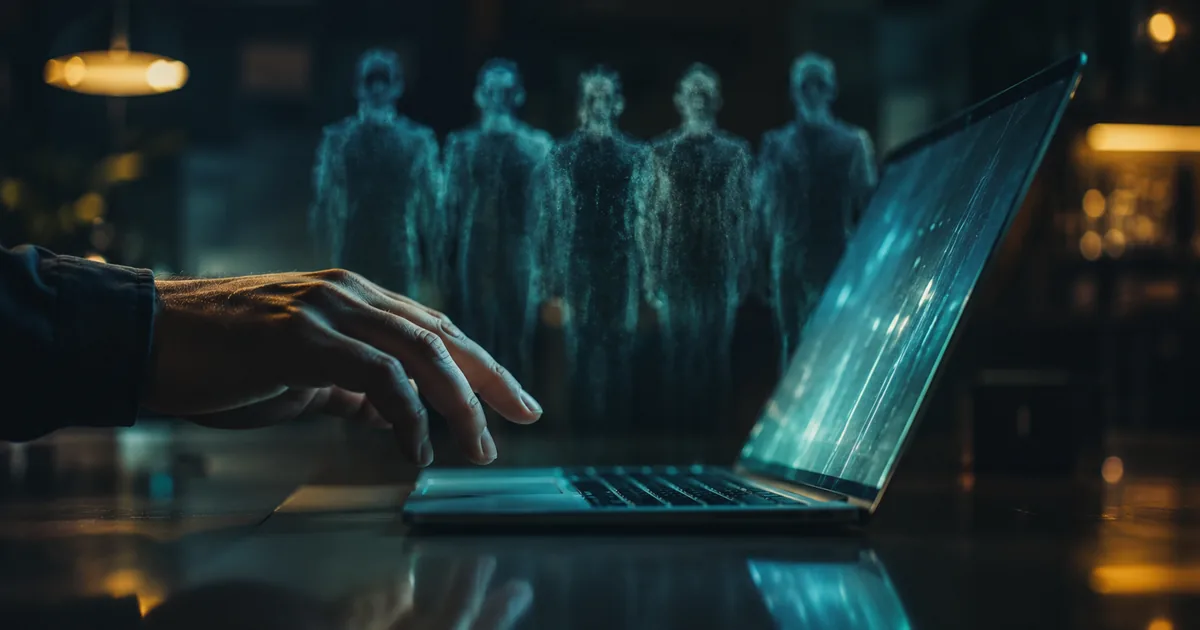A hand reaches toward a laptop trackpad in a dark office while five identical translucent human silhouettes stand in the background