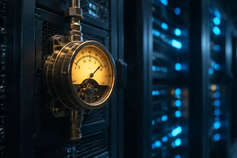 A brass analog meter with a glowing amber dial mounted on a dark server rack, blue rack indicator lights blurred behind it