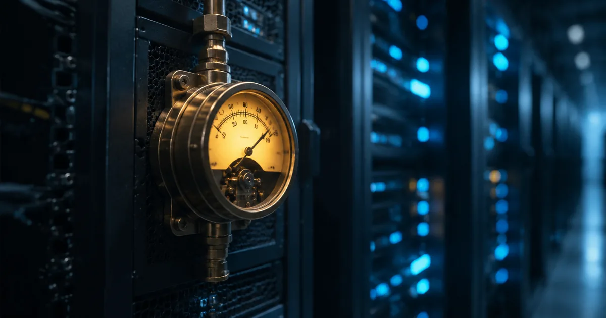 A brass analog meter with a glowing amber dial mounted on a dark server rack, blue rack indicator lights blurred behind it