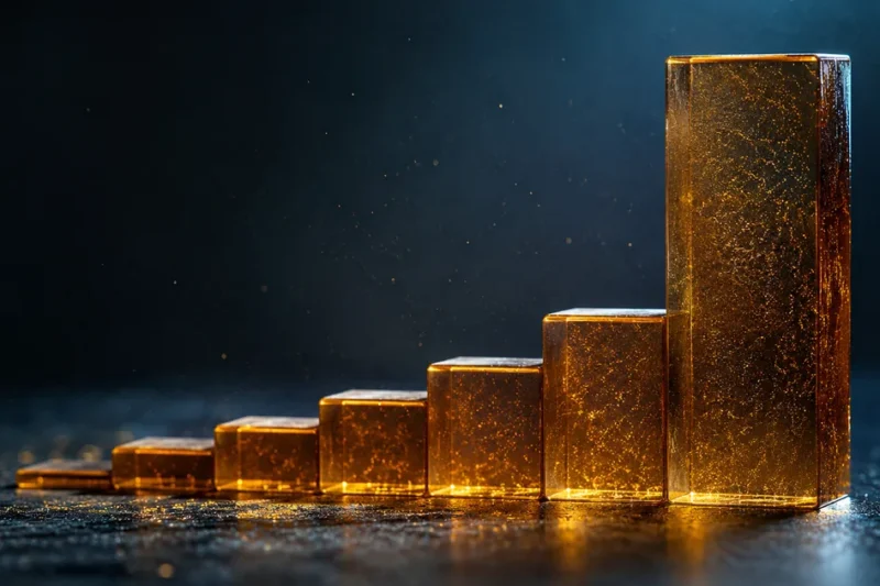 Stacked translucent amber glass blocks forming a rising staircase on a dark surface, with the final step abruptly much taller than the rest