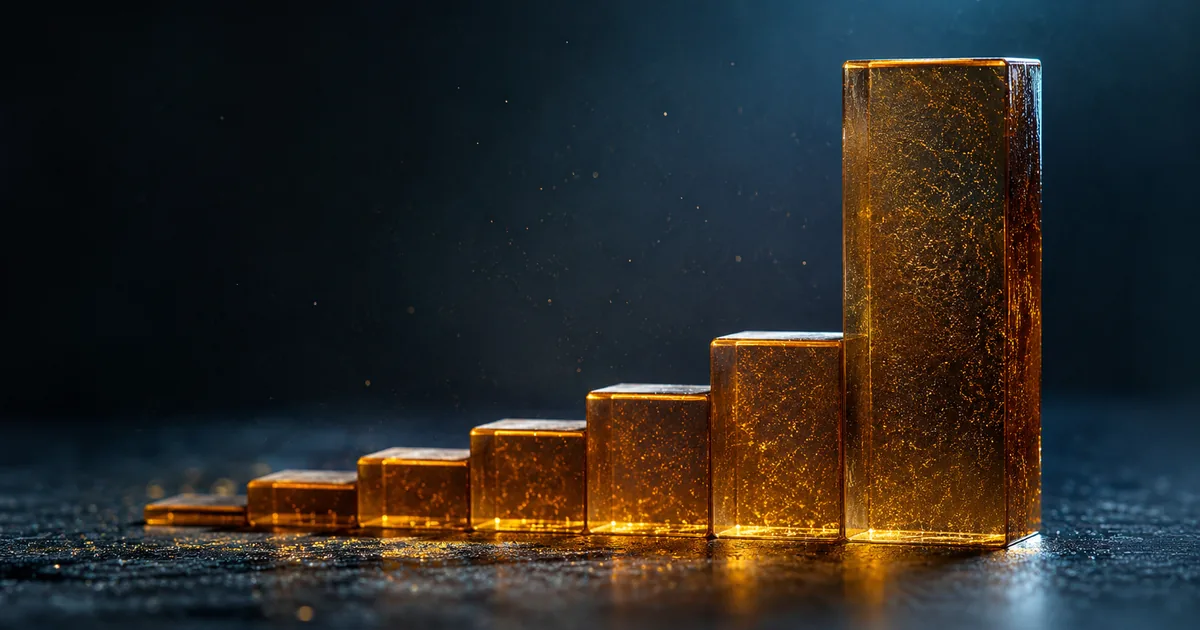 Stacked translucent amber glass blocks forming a rising staircase on a dark surface, with the final step abruptly much taller than the rest