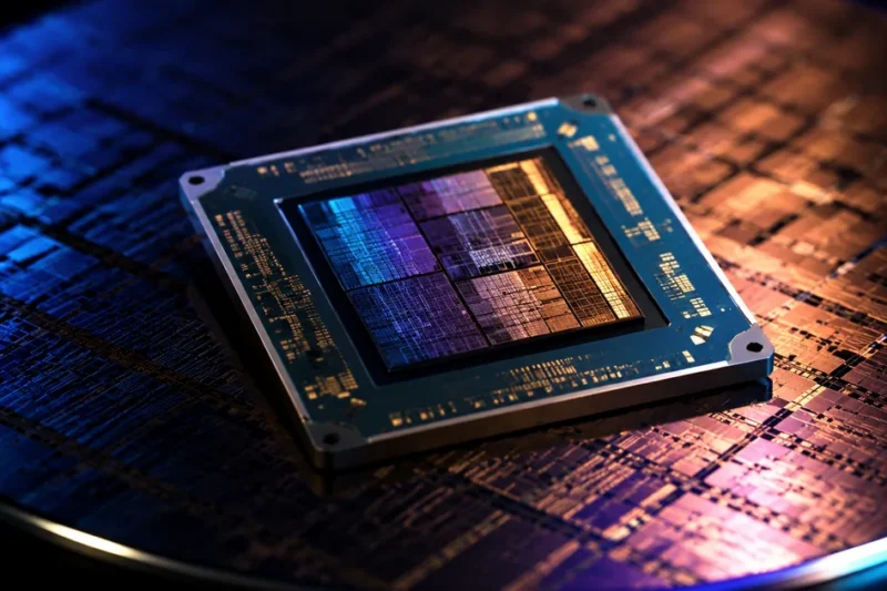 Macro photograph of a custom AI accelerator chip package resting on a polished silicon wafer under dramatic studio lighting