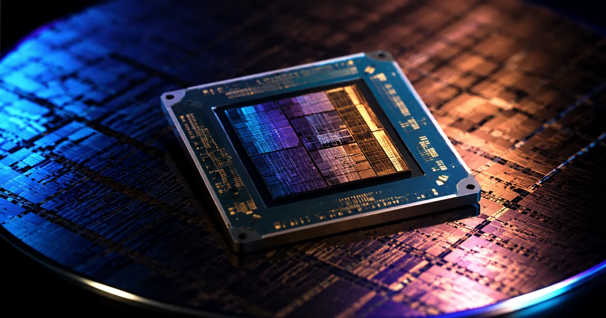 Macro photograph of a custom AI accelerator chip package resting on a polished silicon wafer under dramatic studio lighting