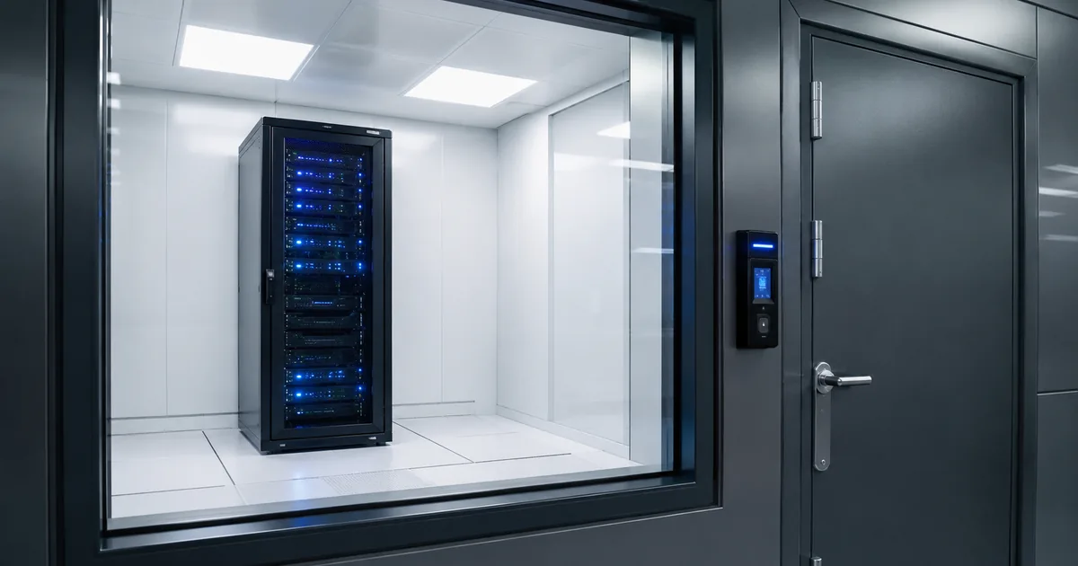 A single server rack with blue status lights sealed inside a white clean room, seen through security glass beside a locked steel door with an electronic access panel
