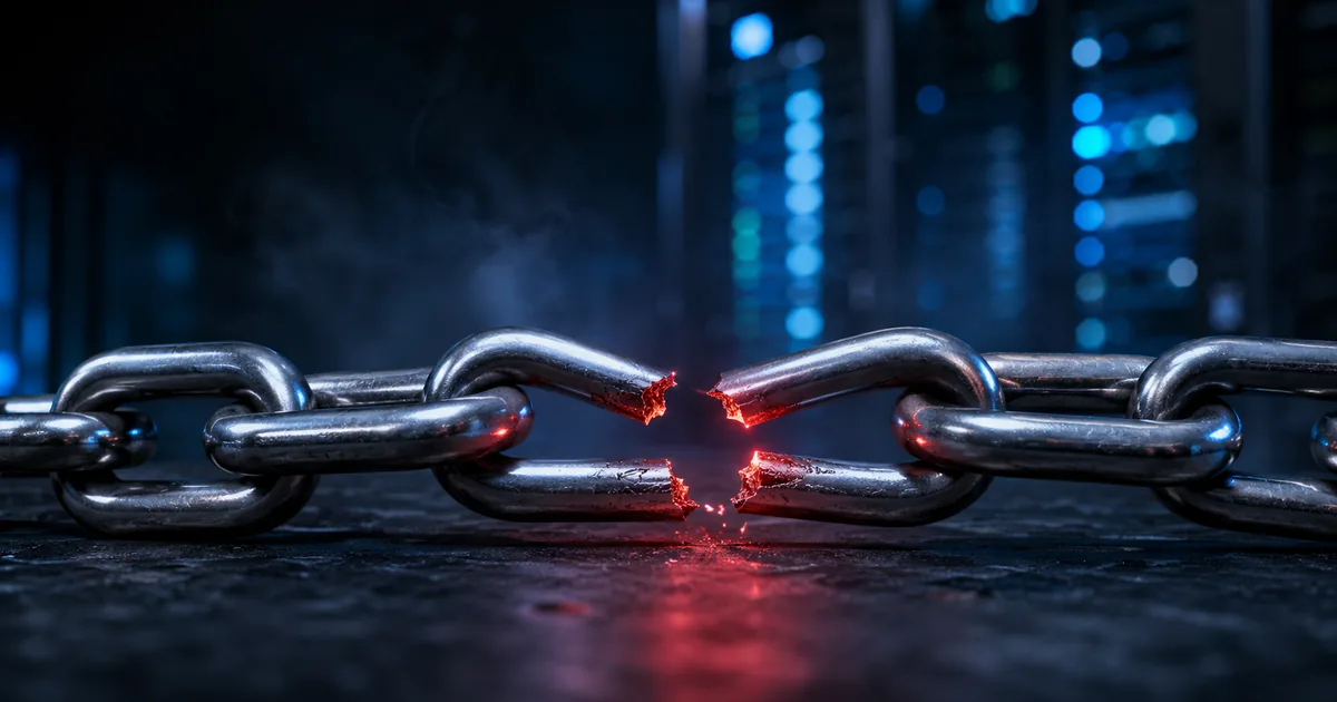 A steel chain snapped at the center link, glowing red at the break, with blue server rack lights blurred behind it