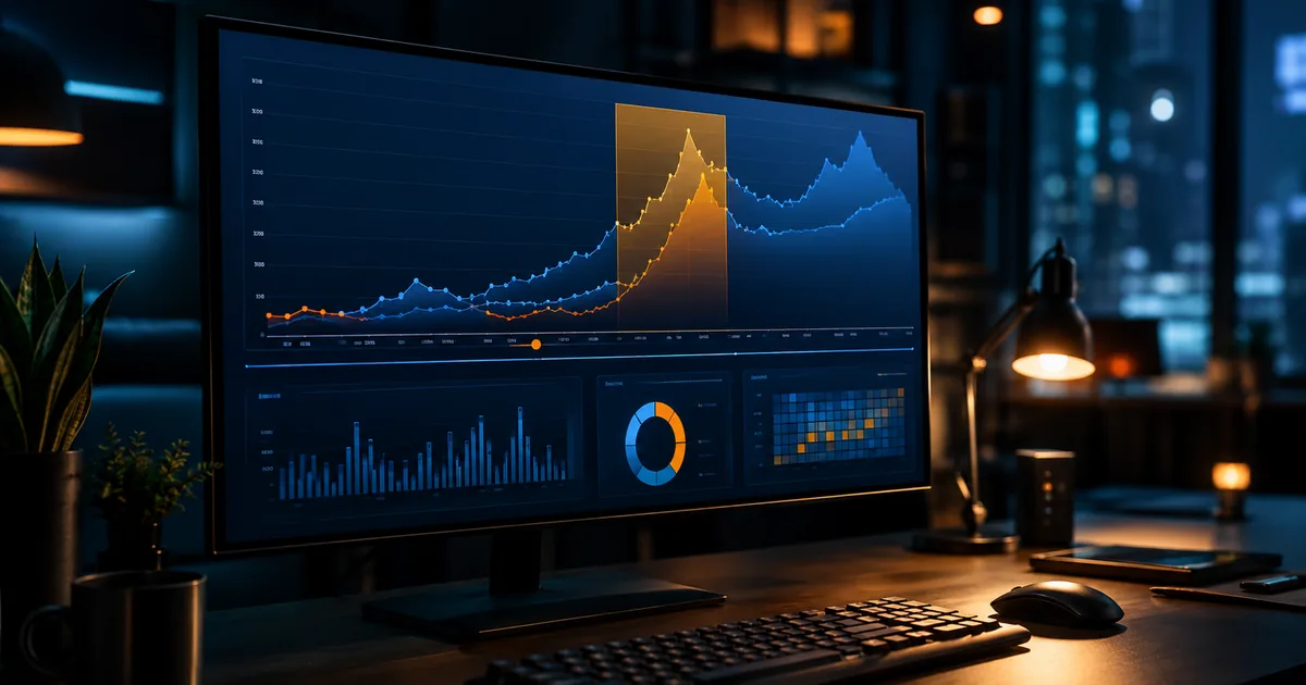 Dark developer workspace at night with a monitor showing a rising API cost curve and an amber highlighted peak-hours band