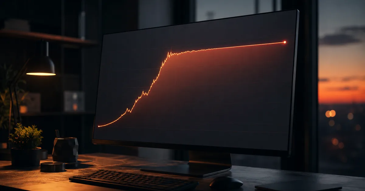 A monitor in a dim studio at dusk showing an orange line chart that rises steeply then flattens into a long horizontal plateau