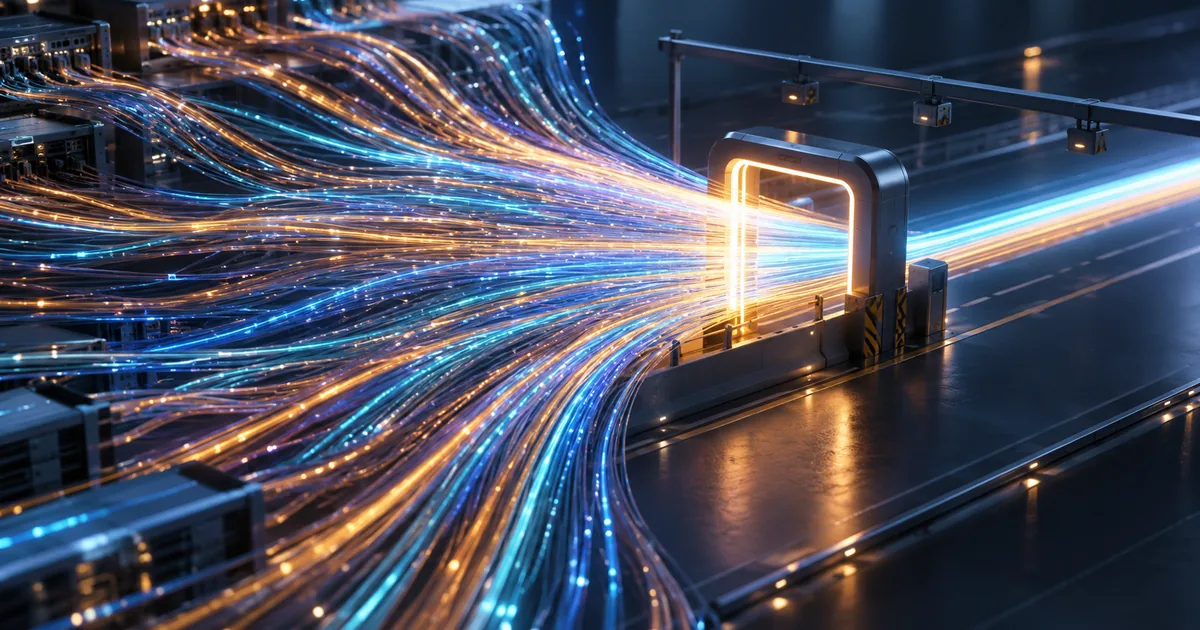 Hundreds of glowing fiber-optic data streams converging into a single illuminated toll gate and continuing as one ordered beam