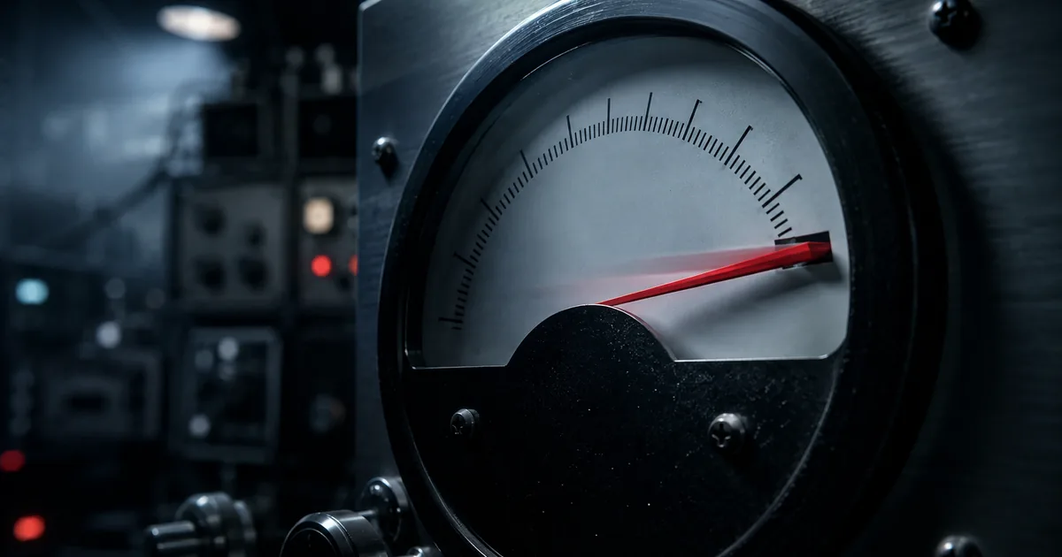 Close-up of an analog laboratory gauge with its red needle pressed hard against the far end of the scale, unable to travel further