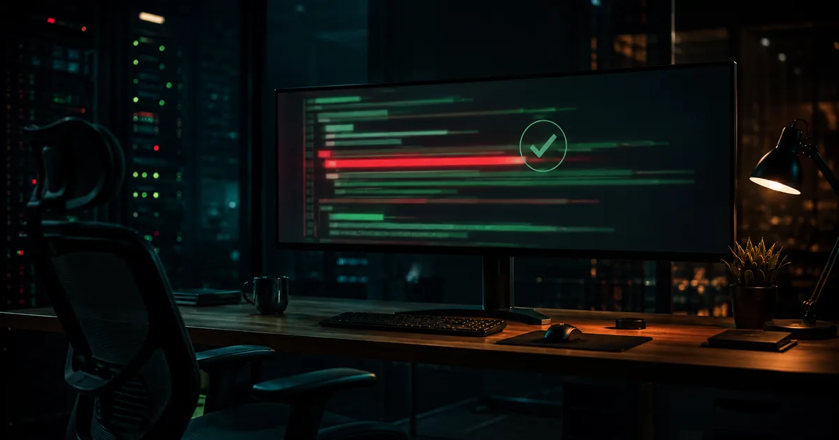 A dark office workstation at night showing an ultrawide monitor with a blurred code diff in green and red, a green approval checkmark hovering beside a highlighted red line, and an empty chair pushed back from the desk