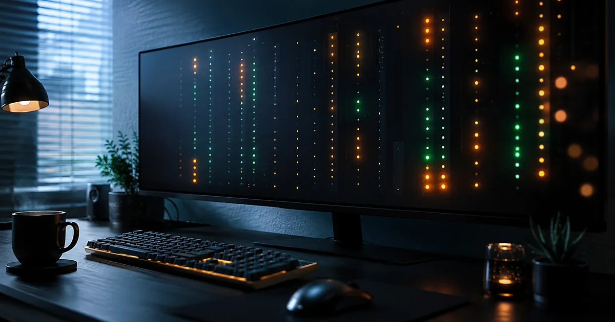 Ultrawide monitor in a dark home office showing a grid of amber and green status indicators, with a keyboard and coffee mug in the foreground