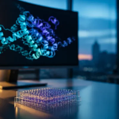 A 96-well microplate on a lab bench in front of a curved monitor showing a cyan and violet protein ribbon structure at dusk