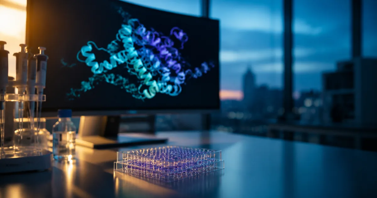 A 96-well microplate on a lab bench in front of a curved monitor showing a cyan and violet protein ribbon structure at dusk