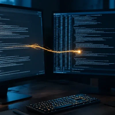 Two monitors on a dark desk, a thread of amber light running from a documentation screen into an open terminal session
