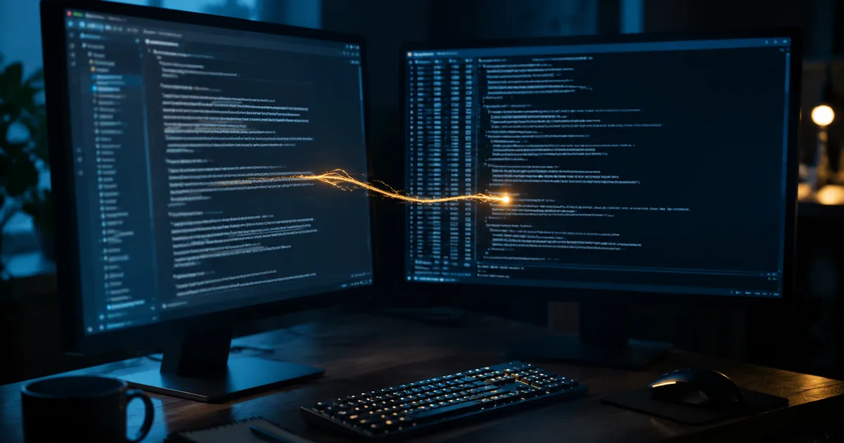 Two monitors on a dark desk, a thread of amber light running from a documentation screen into an open terminal session