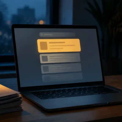A laptop on a dark wooden desk shows a search results screen where the top card is highlighted in amber while the cards below it fade into grey, next to a stack of printed pages