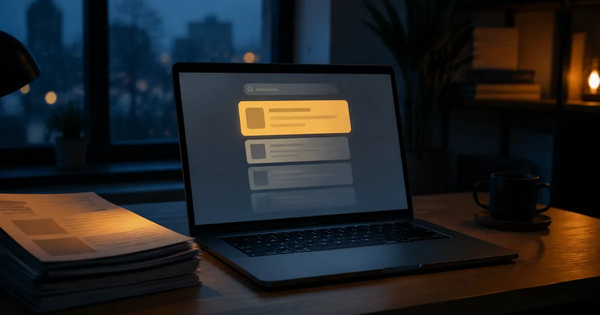 A laptop on a dark wooden desk shows a search results screen where the top card is highlighted in amber while the cards below it fade into grey, next to a stack of printed pages